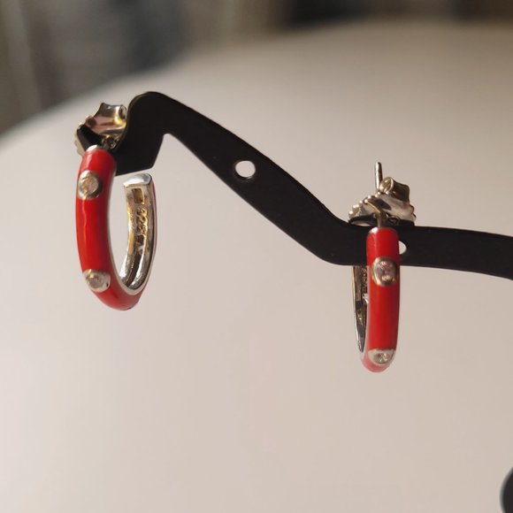 Red Enamel Hoops / Huggies Earrings W cz on silver - Picture 6 of 7